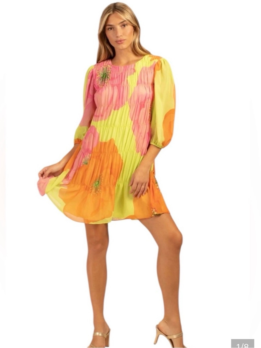 Trina Turk Dress in Vibrant Yellow w/ Orange & Pink Flowers